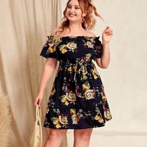 Shein Floral Print Ruffle Hem Bardot Dress w Belt